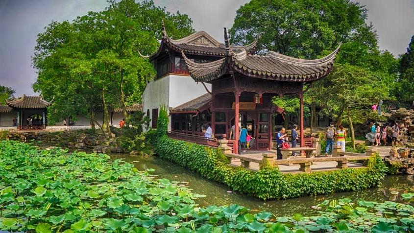 Chinese building in water garden